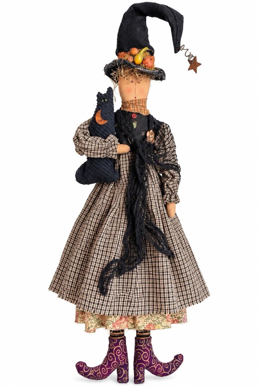 Primitive Folk Art Witch Doll Black Cat Handmade Halloween Rag Doll Decor 26in